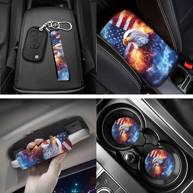 American Flag Eagle Car Seat Covers Car Floor Mats Steering Wheel Cover Armrest Pad Seat Belt Pads Roof Handle Wraps Cup Coaster Keychain Auto Accessories Set of 18 (Lightning Design)