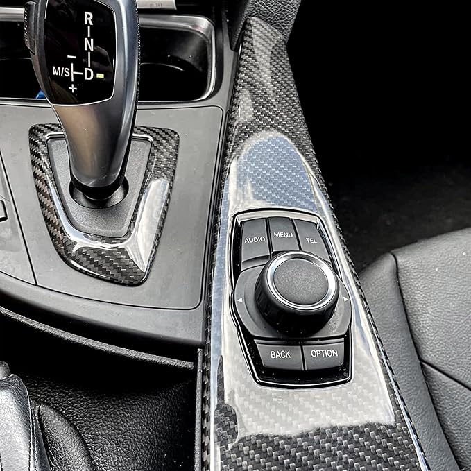 Real Carbon Fiber Center Console Trim Kit Compatible with 2012-2019 BMW 3 Series F30 F31 F34, 2014-2020 BMW 4 Series F32 F36, Gear Shift Panel & Multimedia Button Cover – Not Fit F33