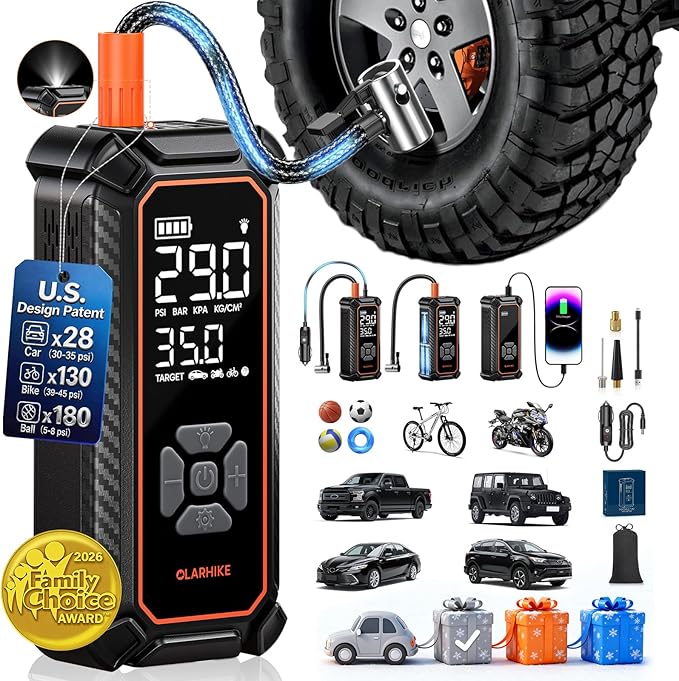 OlarHike Cordless Tire Inflator Portable Air Compressor, Dual Power Mode - 9000 mAh & 12V DC, Air Pump for Car Tires, Motorcycle, Bicycle, Electric Pump with LED Light & Digital Pressure Gauge