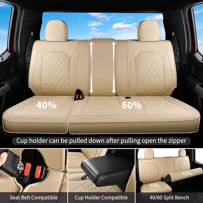 Huidasource F150 F250 F350 Front&Rear Leather Seat Covers Fit for 2015-2026 Ford F150 SuperCrew & 2017-2026 F250 F350 F450 Super Duty Crew Cab XL XLT Lariat King Ranch Platinum(Full Set/Beige)