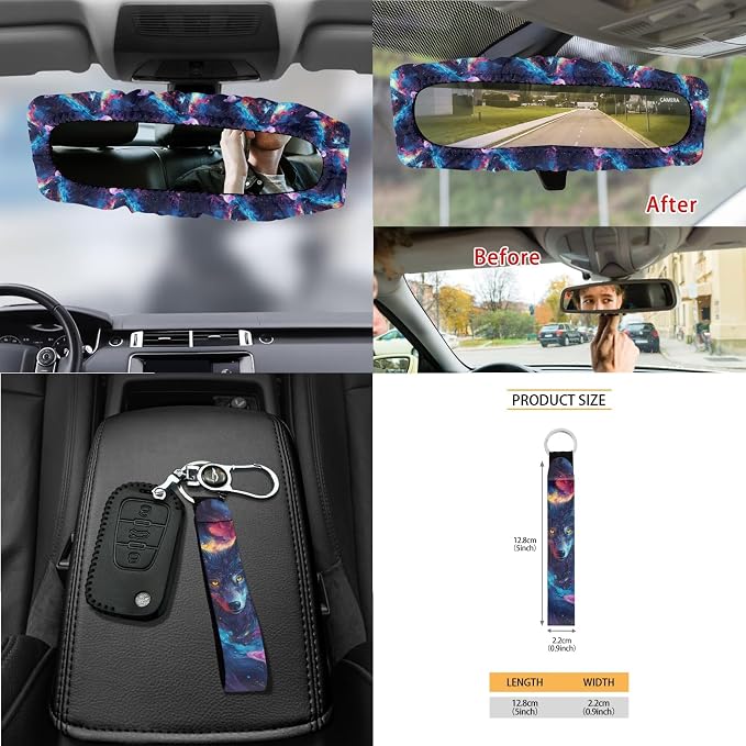 Galaxy Wolf Print Car Front Back Seat Cover Set of 15 Steering Wheel Covers Seatbelt Strap Pad Garbage Cans Air Vent Storage Holder Rear View Mirror Cover Cup Holder Key Chain