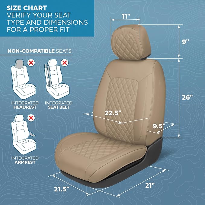 MotorBox Prestige Edition Faux Leather Seat Covers for Cars, Trucks, & SUV – 2 Beige Car Seat Covers for Front Seats - Universal Fit Car Accessories Automotive Interior Protector for Most Vehicles