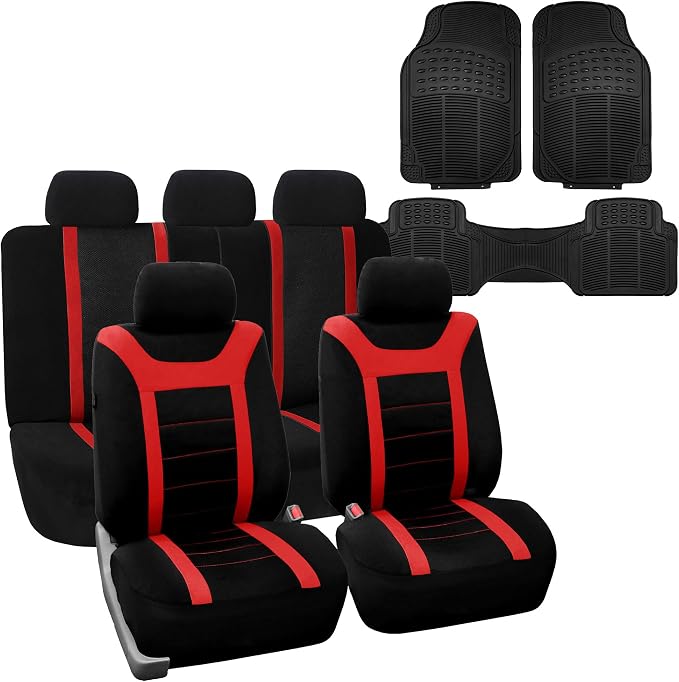 FH Group Car Seat Covers Universal Fit Full Set Interior Accessories, Sports Red Seat Covers with Airbag and Split Rear Automotive Combo Vinyl Floor Mats Seat Covers for Cars Vans Trucks and SUV