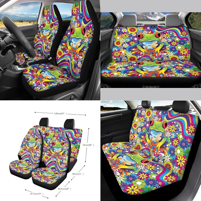 Hippie Frog Floral Print 15 Pack Car Seat Cover Set with Seatbelt Strap Pad Steering Wheel Covers Air Vent Storage Holder Coasters Trash Cans Rear View Mirror Cover Keychain