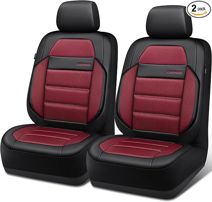 CAR PASS Memory Foam Seat Covers Front, Airy Cool Mesh Thick Car Seat Covers, Leather Car Seat Covers Front Seats Airbag Compatible, Universal Automotive Comfort for Most Cars, Trucks, SUV, Burgundy