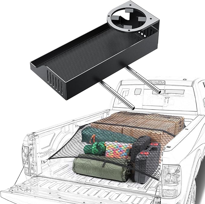 Highly Elastic Cargo Net for Pickup Truck Bed & All Metal Front Center Seat Headrest Organizer with Cup Holder Compatible with 2011-2025 2026 Ford F150 F250 F350 F450 F550 F650