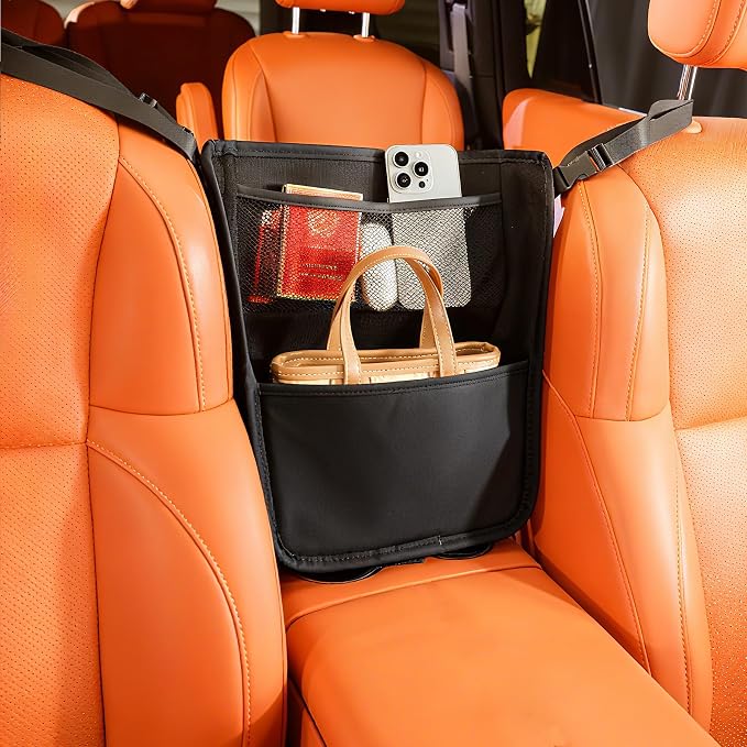 Between Seat Car Organizer with Tissue Holder, Car Purse Holder Between Front Seats, Car Storage Organizer in Between Seats, Leather Car Storage Pocket Between Seat for Most Vehicles (Black-1PC)