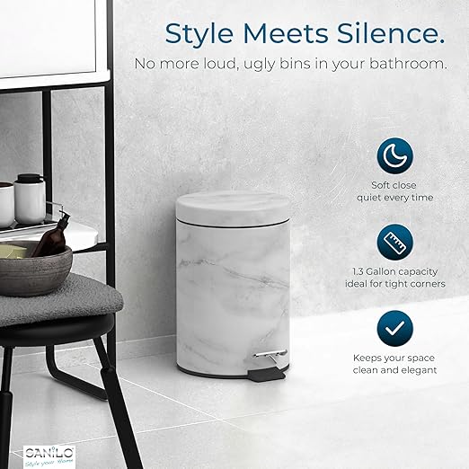 Sanilo Small Bathroom Trash Can with Lid [1.3 Gallon] - Lidded Tiny Trashcan for Garbage - Mini Metal Bin with Soft Closing Mechanism - Bath Room Accessoire Wastebin with Inner Bucket (Marble)