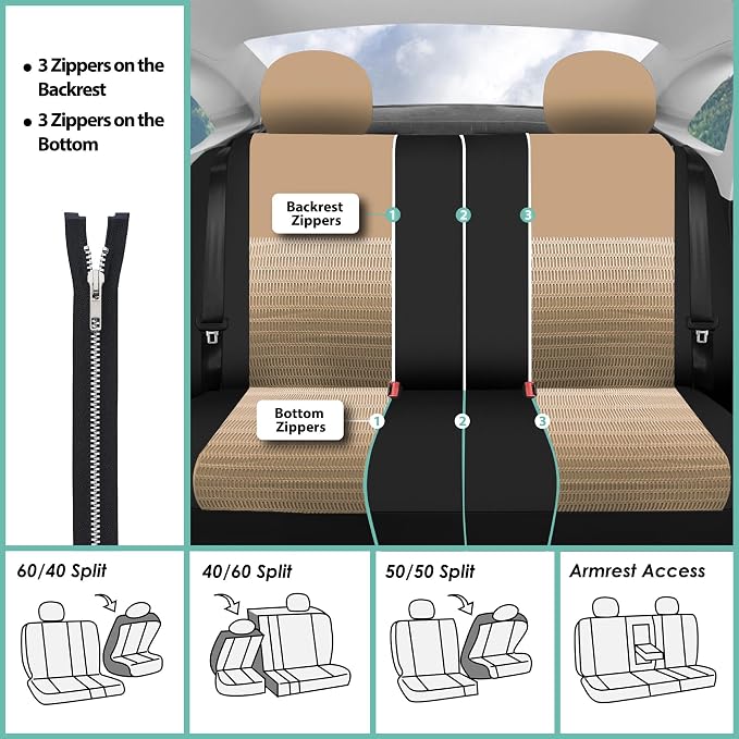 FH Group Car Seat Covers Three Row Set 7 Headrest Covers Car Accessories Universal Fit, Trendy Elegance 3D Air Mesh Airbag Compatible and Split Ready Beige Interior Accessories for Cars Trucks SUV