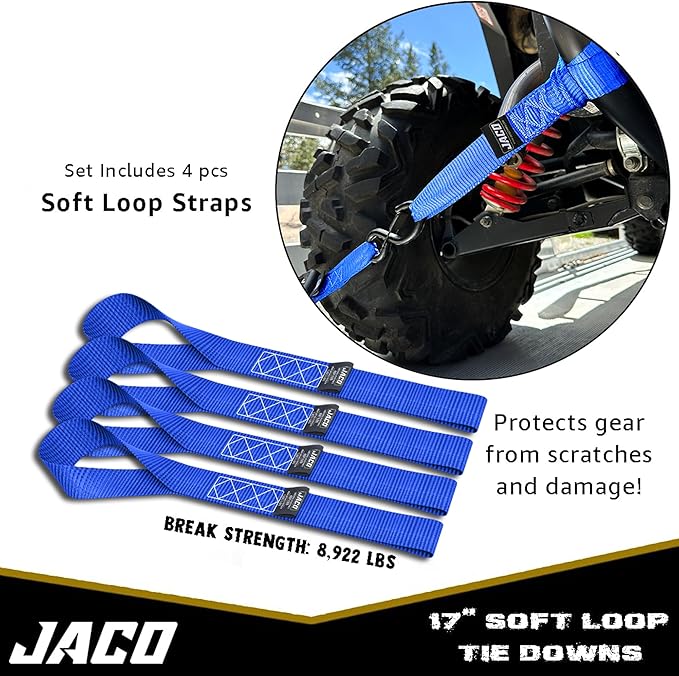 JACO Heavy Duty Ratchet Straps - 1.6 inch x 8 ft (Pack of 4) | Tie Down Kit with Soft Loops - 5,208 lbs (Blue)
