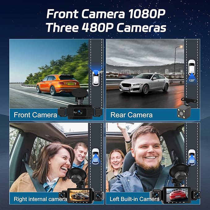 NHOPEEW 4 Channel Dash Cam, Front and Rear Inside Left Right, 3 inch IPS Screen Camera for Car Security 360, 5G WiFi & APP Control, 8 IR Night Vision, G-Sensor, Parking Mode, with 64GB TF Card