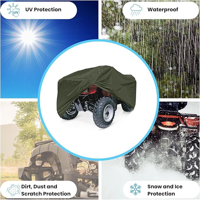 EliteShield Lightweight ATV Cover, Weatherproof Quad Cover, Water and wind resistant Four Wheeler Cover for Polaris Kawasaki Yamaha Suzuki Honda Arctic Cat Can-Am, Olive Drab Color fits up to 86" Long