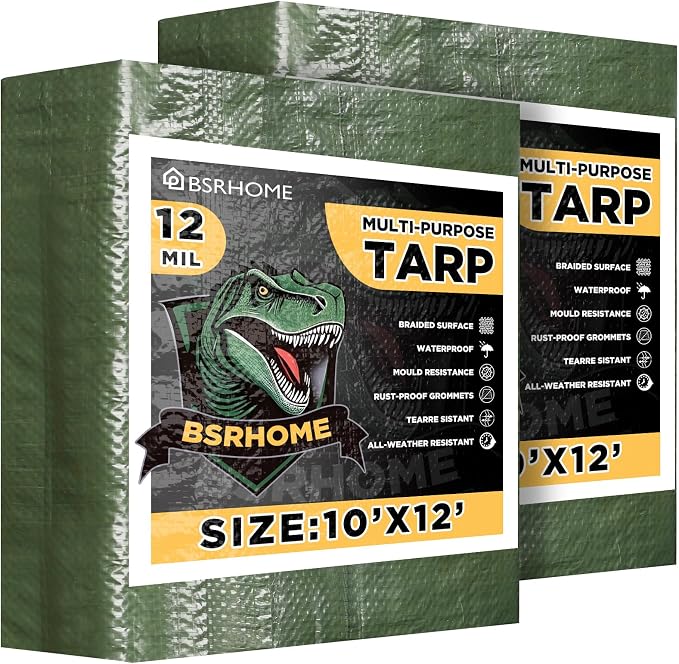 Tarps Waterproof 10x12 Feet, 2 Pack Heavy Duty Green Tarp Cover 12 Mil Thick, Resistant Plastic Tarpaulin with Metal Grommets, Outdoor Tarp Cover for Car,Trailer