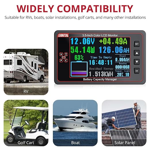 BINTA 500A Battery Monitor with Shunt, 8-100V 3.5 Inch Color Screen for LiFePO4 Lithium Gel Flooded Batteries, High Low Voltage Alarm Backlight for Car RV Golf Cart Solar Panel Boat