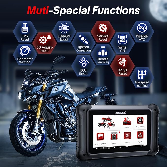 ANCEL MT700 Motorcycle OBD2 Scanner Full Systems, ABS Transmission Diagnostic Tool with 35+ Reset Functions for Aprilia/Benelli/MMW/BRP/Ducati/Harley/Honda/Indian/Suzuki,Android, 7” Touch Screen, 16GB