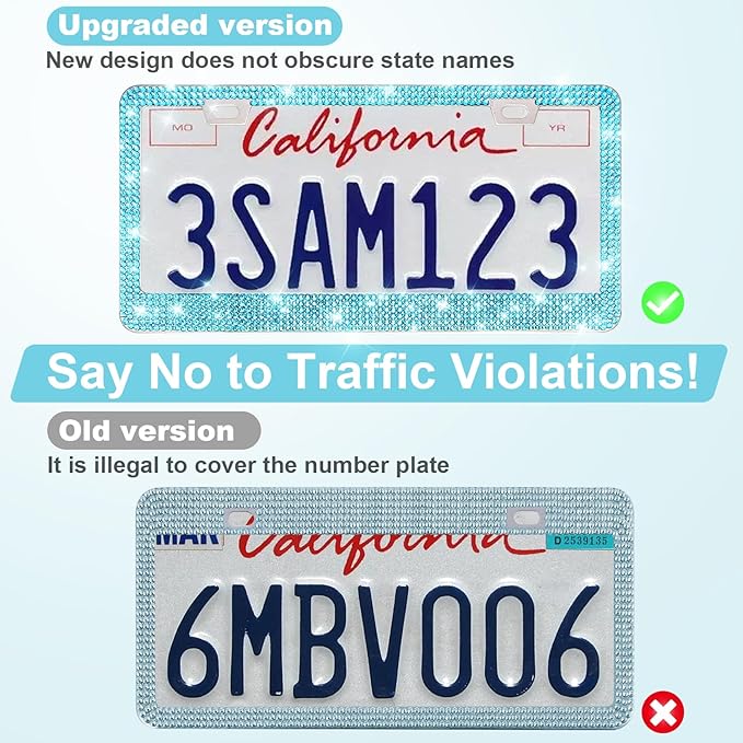 QUANQIUFEI 2 Pack Bling License Plate Frames for Women, Sparkly Rhinestone Diamond Car Accessories with Glitter Crystal Caps (Lake Blue)