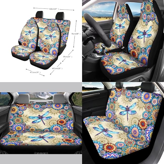 Boho Mandala and Dragonfly Pattern Car Accessories Car Seat Covers Full Set with Steering Wheel Covers+Seat Belt Pads+Coasters+Keychain+Lipstick Holder Universal Fit(13 Pack)