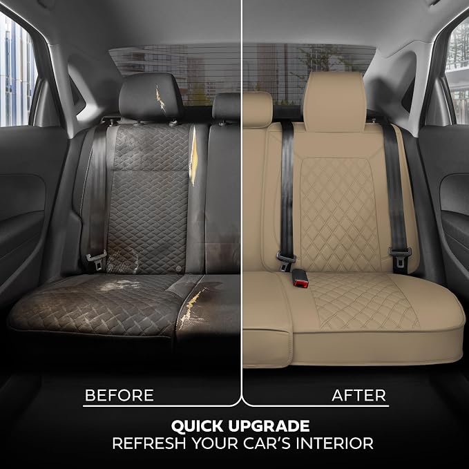 MotorBox Premium Napa Leather Rear Seat Cover - Semi Universal Fit for Most Cars, Truck & SUV - Beige Back Seat Protector - Anti-Slip, Durable Bench Cover - Easy Install, Luxury Car Interior Upgrade