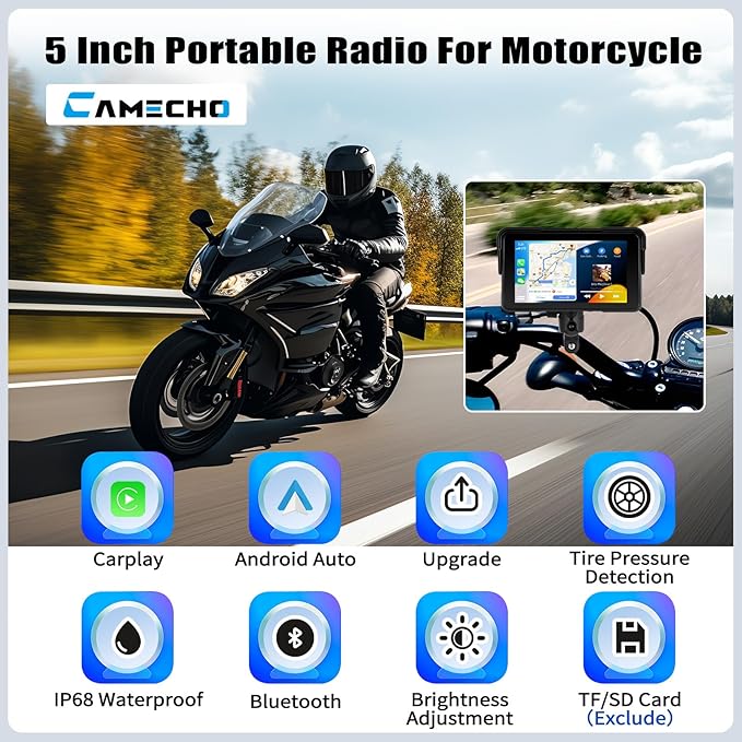 CAMECHO Motorcycle Wireless CarPlay & Android Auto Screen, 5" IP68 Waterproof HD for Moto Motorbike Touchscreen Car Stereo Support Bluetooth, GPS, Siri, USB Upgrade TF 12V