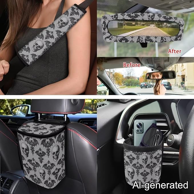 Dreaweet Goth Skull Car Seat Covers Full Set Grey Halloween Car Accessories Seat Covers with Steering Wheel Cover Seat Belt Pads Trash Bin Rear View Mirror Cover Coasters Keychain Air Vent Pouch