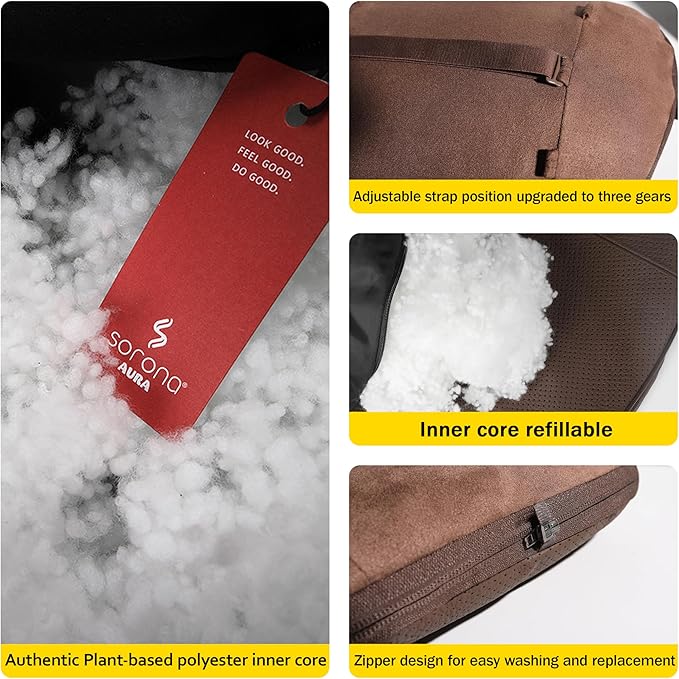 Genuine Leather Car Neck Pillow for headrest,Support Drive Seats Head Cushion,Real Cow Leather,11.8x7.5”,Plant-Based Polyester,Thickness & Height Adjustable,Inner Liner fillable(Coffee,1p)