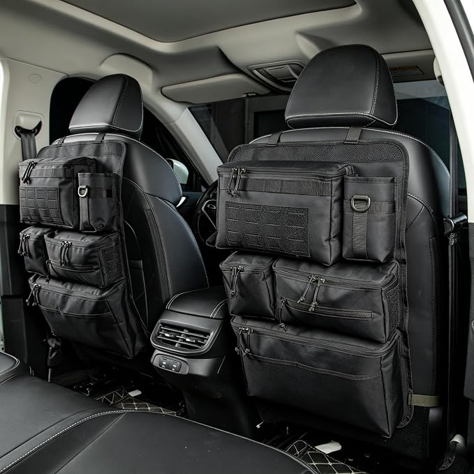 6 Pack Tactical Molle Car Seat Back Organizer - Tactical Vehicle Panel Organizer with 5 Detachable Molle Pouch,US Flag Patch and Keychain,Car Backseat Organizer,Great Trunk Accessories for Man
