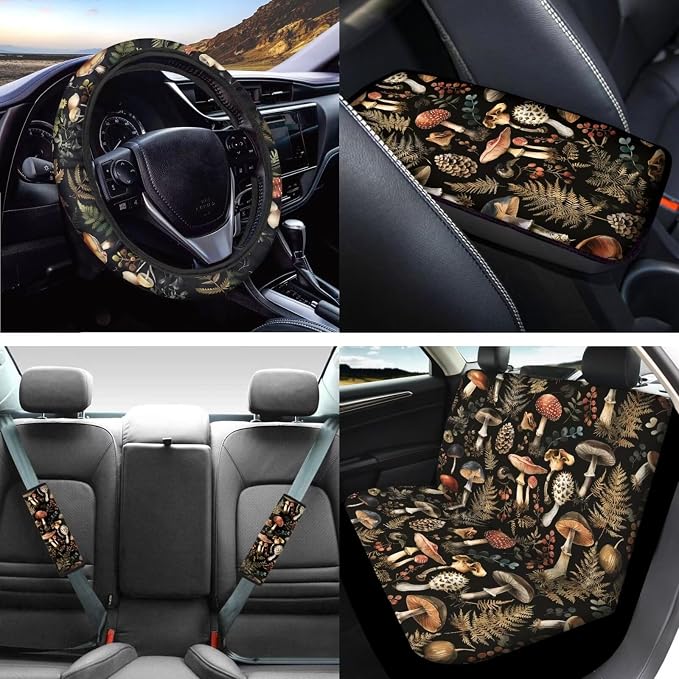 Mumeson 3D Mushroom Pattern Car Seat with Steering Wheel Covers Non-Slip + Seat Belt Strap Pads Cushion Shoulder Pad +Car Armrest Cushion Pad Universal Fit Truck SUVs Most Vehicle