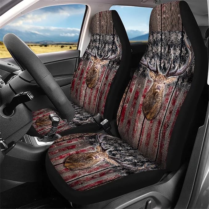 Xoenoiee 11 Pack Hunting Deer Camo American Flag Print Auto Accessories Car Seat Covers Full Set for Front & Rear Seat, SUV Car Steering Wheel Cover, Seat Belt Cover, Cup Coasters, Key Chains