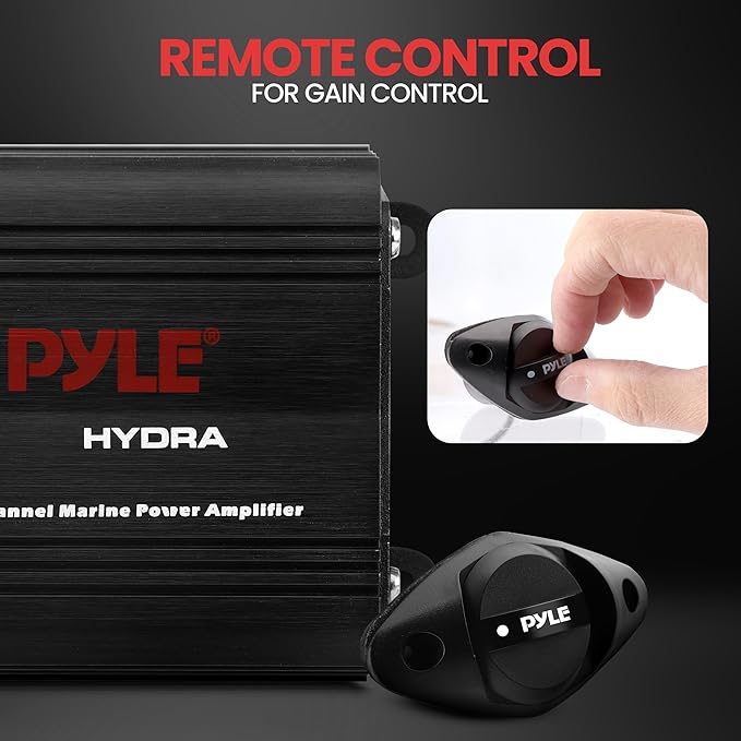 Pyle 2-Channel Marine Amplifier, 400W Waterproof Amplifier for Boat Stereo Systems, Compact Marine Audio Amplifier with Wired Volume Control, RCA/AUX/MP3 Input, Weatherproof Design for Outdoor Use