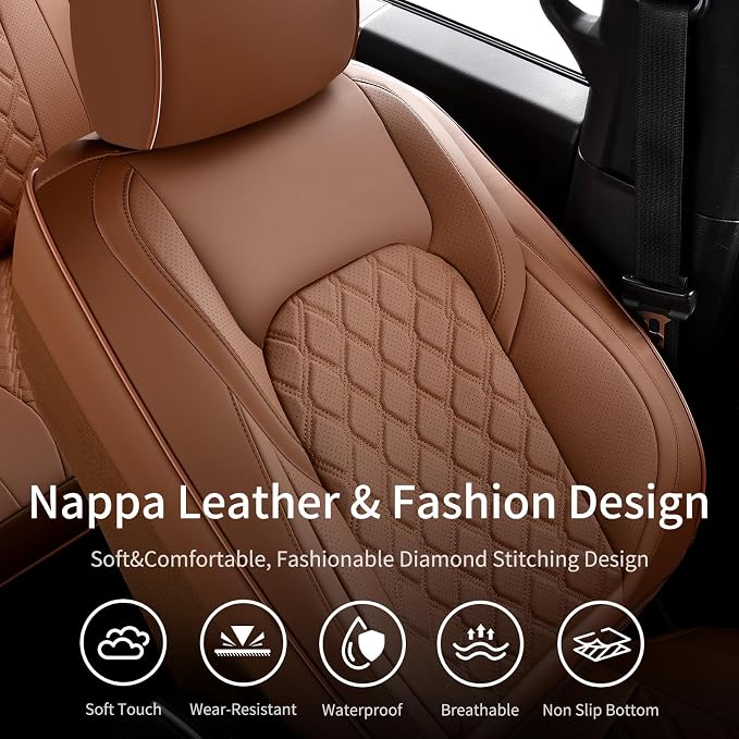 Huidasource Fit for Brown Chevy Silverado Seat Covers, GMC Sierra Seat Covers, Thickened Nappa Leather Truck Seat Cover 2007-2013&2019-2025 1500, 2020-2025 2500HD 3500HD Crew Double Extended Cab