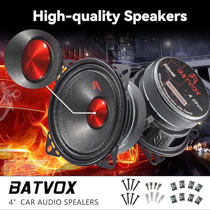 MX40P1 Loudspeaker 4 Inch Midrange 120 Watts 4 Ohms Red Dust Cap, Premium Quality Audio Door Speakers for Car or Truck Stereo Sound System, Black (2 Speakers)
