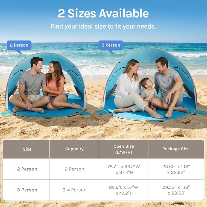 Wolfwise Pop up Beach Tent Sun Shelter with UPF50+ UV Protection, Instant Easy Setup Popup Beach Shade Canopy for 3 Person, Portable & Foldable with Carring Bag, 87 ×57×47 in, Blue