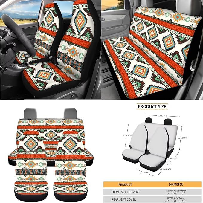 XYZCANDO Ethnic Tribe Auto Seat Cover Sets 15 PCS Car Seat Cover Set Car Rear View Mirror Cover Steering Wheel Cover Seat Belt Pads Cover Garbage Bag Storage Box Coasters Keychain Fit Most Cars