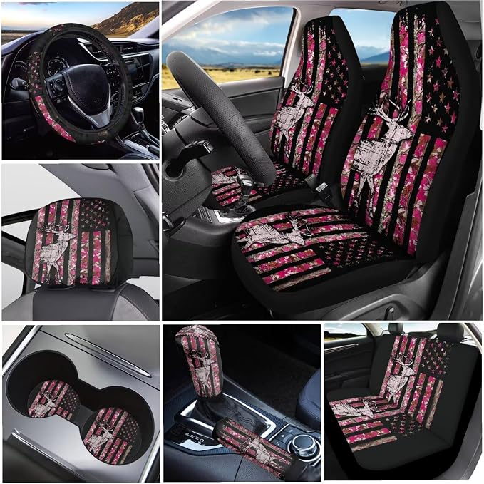 KEIAHUAN Car Seat Covers Full Set 11 PCS Branch Deer Camo Hunting Design with Handbrake Gear Shift Knob Cover/Steering Wheel Cover/Car Coasters/Headrest Cover Fit Most Van Sedan Truck SUV