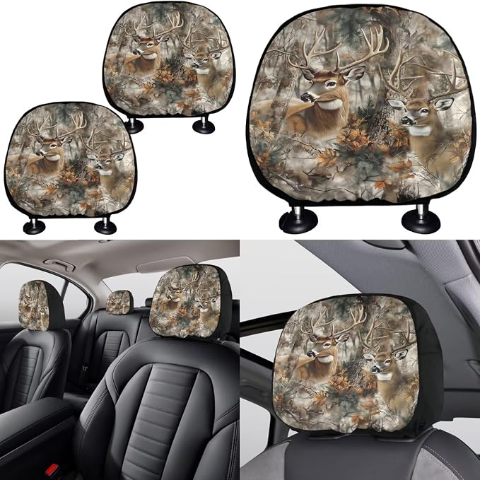 KEIAHUAN Camo Deer HuntingCar Seat Covers Full Set Front Rear Seat Covers Steering Wheel Cover Coasters Headrest Cover Gear Shift Knob Cover & Handbrake Cover 11 PCS