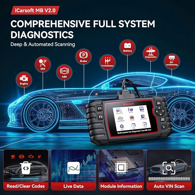 iCarsoft MB V2.0 OBD2 Scanner Diagnostic Tool for Benz/Sprinter/Smart Full System Code Reader with 9 Resets Oil/SAS/EPB/ETC/BMS/BLD/INJ/SAS/TPMS Reset AutoVIN Free Update Live Data Battery Test CAN