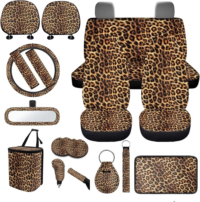 18 Pcs Car Seat Covers Full Sets Leopard Print Car Interior Accessories Sets with Cheetah Car Seat Belt Pads Cover Car Headrest Covers Auto Trash Bag Steering Wheel Cover,Easy to Install