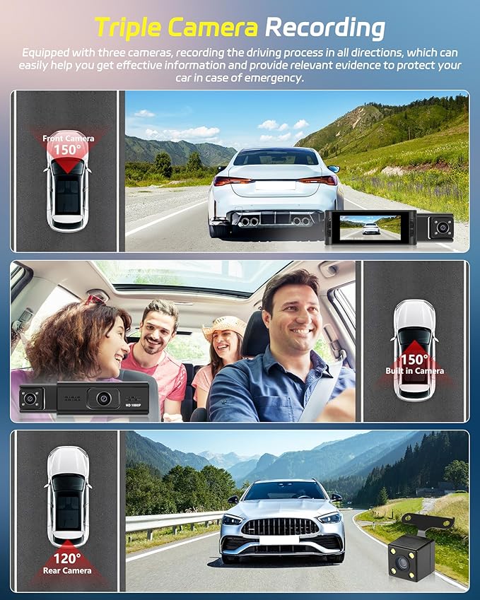 3 Channel Mirror Dash Cam 1080P Front and Rear Inside with 64GB Card 3.16'' IPS Screen Dash Camera Support G-Sensor Motion Detection Loop Recording Parking Assistance Exposure Compensation
