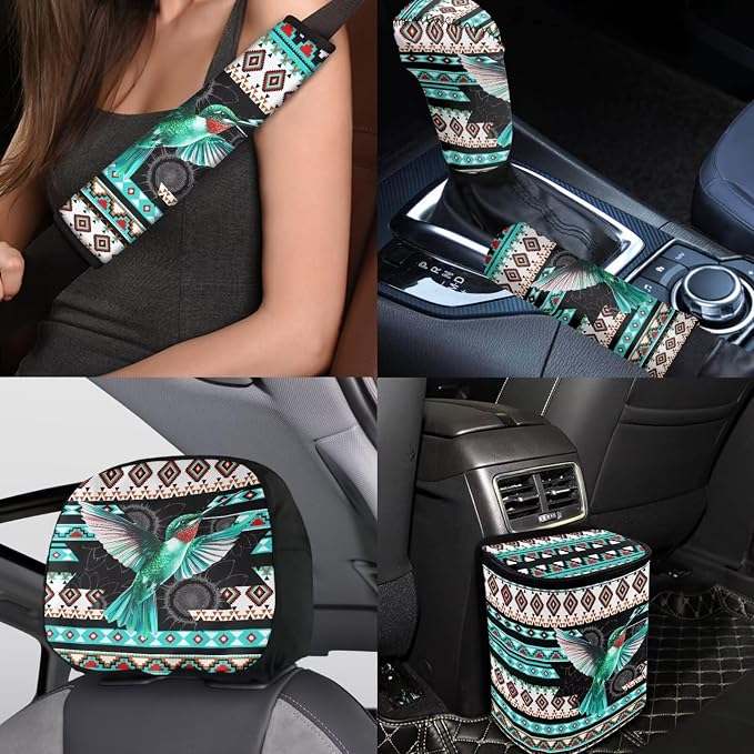 BIGCARJOB Art Hummingbird Seat Cover for Cars Front and Rear Car Seat Accessories Full Set 15 Pack Native Hummingbird Handbrake Cover,Headrest Pillow Cover,Seat Belt Pads,Universal Fit