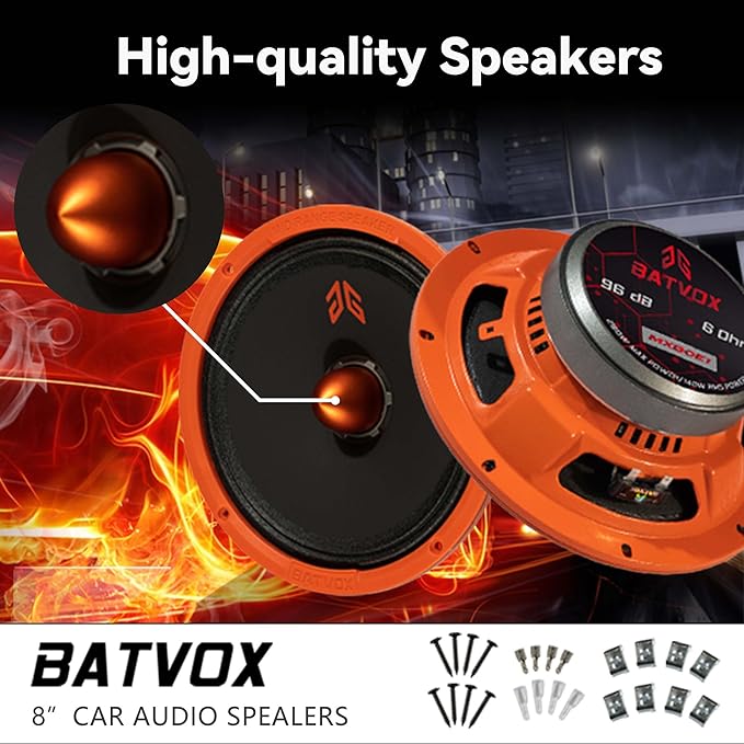 MX80E1 Loudspeaker 8 Inch Midrange 560 Watts 6 Ohms Orange Bullet, Premium Quality Audio Door Speakers for Car or Truck Stereo Sound System, Orange (2 Speakers)
