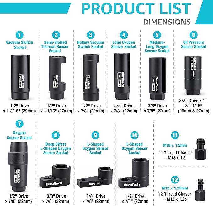 DURATECH 12-Piece Oxygen Sensor Socket Set, O2 Sensor Removal Tool Kit with 22mm, 27mm, 29mm, 7/8" and 1-1/16" Sockets, 3/8" & 1/2" Drive, Thread Chasers, O2 Sensor Socket Set with Storage Case