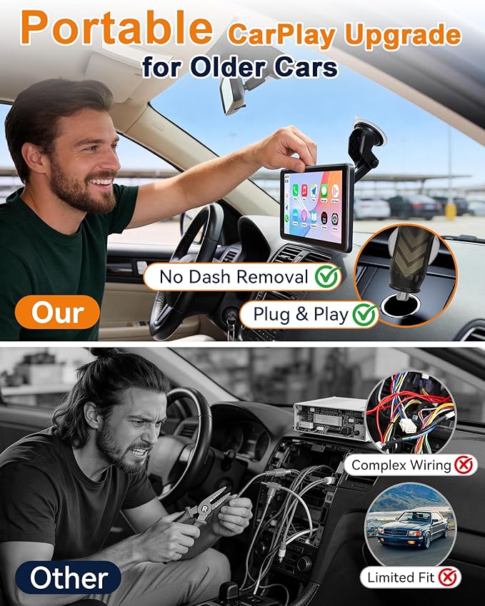 Portable Carplay Screen with Backup Camera - Plug-Play 7-inch HD 1080P Car Touchscreen Supports Both Apple CarPlay & Android Auto - No Dashboard Removal, GPS Navigation, Voice Control, Bluetooth