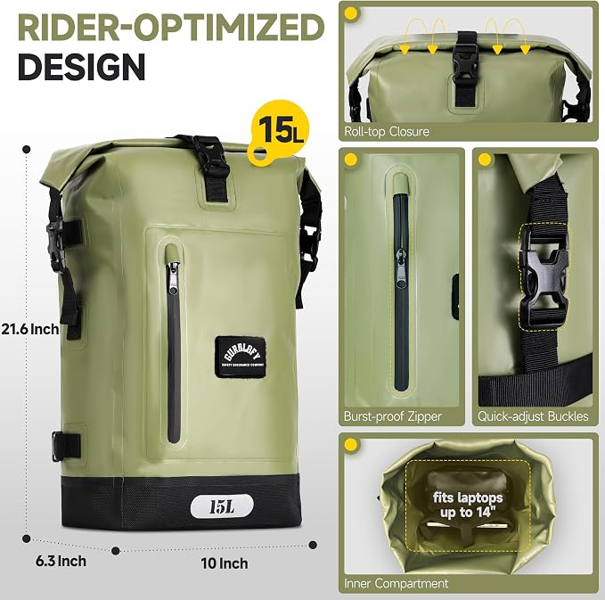 Motorcycle Saddle Bag, 15L Waterproof Motorcycle Tail Bag, PVC Bag | 2 Size and 3 Color Options Travel Bag, Rear Seat Bag, Backpack Field Green GT-15GN