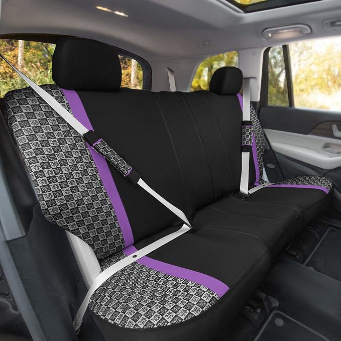 We Are Young Life is Fun™ Checker Car Seat Covers Universal Fit Interior Accessories Full Set Purple Seat Cover Combo Steering Wheel Cover and Seat Belt Pads, Airbag and Split Rear Car Seat Covers