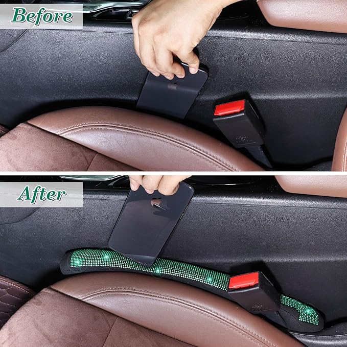 ToBeQueen Green Car Seat Gap Filler, Universal Fit for Car SUV Truck, Handmade Crystal Diamond Rhinestone Green Bling Car Accessories for Women(Green)