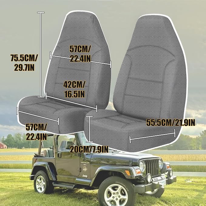 Custom Seat Covers for Jeep Wrangler TJ 1997 1998 1999 2000 2001 2002 Heavy Duty Cloth Protector Interior Accessories，Waterproof & Machine Washable, Foam Padded - Gray（Front）