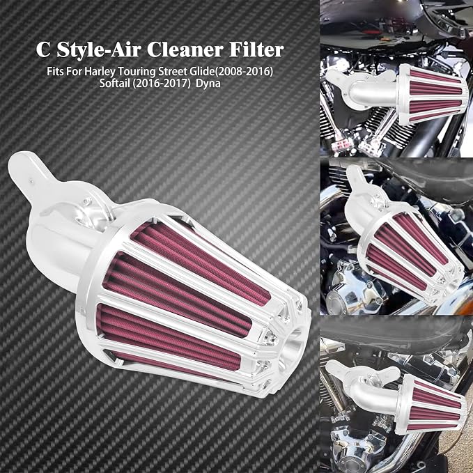 Air Cleaner Filter 90° Forward-Facing Intake Kit CNC Fit for Harley Touring Softail Dyna Sportster XL (Chrome Housing Red Element, C For Touring 08-16,Softail 16-17,Trike 08-16)