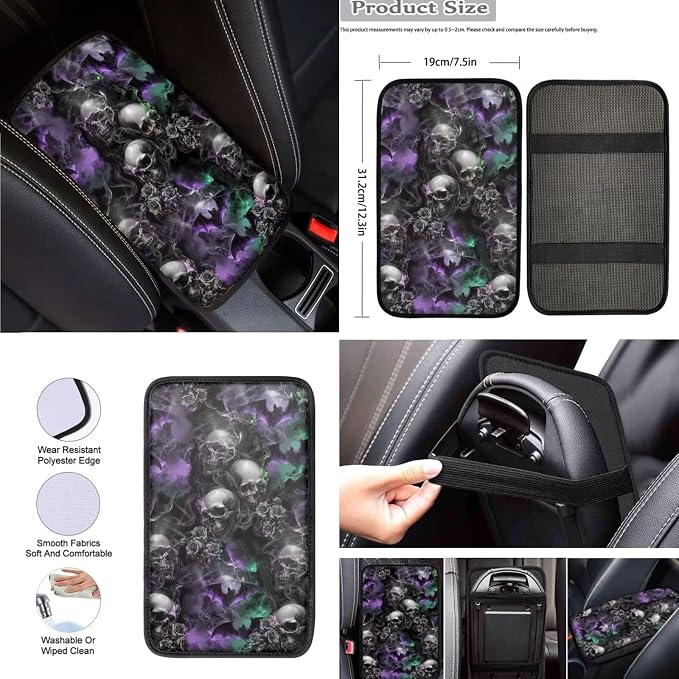 8 Pcs Smoke Skull Car Seat Covers Full Set Car Accessories for Women Front Seat Cover Steering Wheel Armrest Cover Seat Belt Cover for Auto SUV Interior Decoration