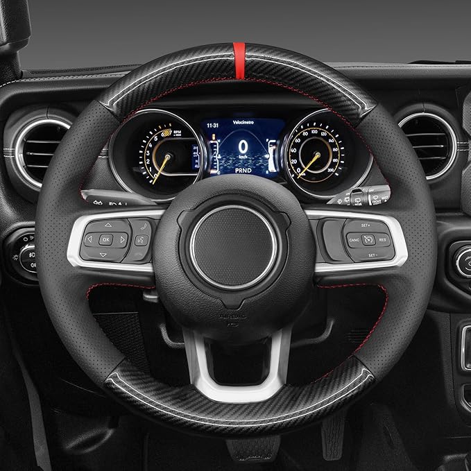 MEWANT Steering Wheel Cover for Jeep Gladiator (JT) 2020-2024 / Wrangler (JL) 2019-2024 / Wrangler Unlimited 2018-2023 Hand-Stitched Leather Car Steering Wrap for Jeep