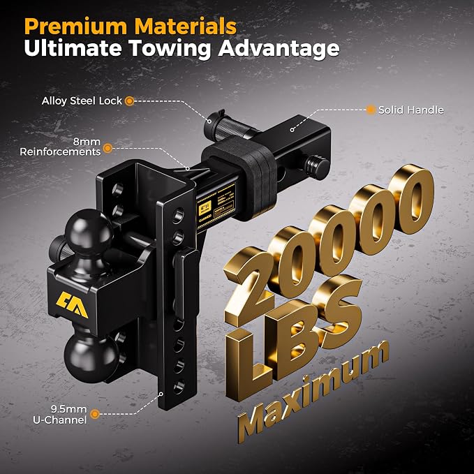 CAMMOO Adjustable Trailer Hitch, Tow Hitch Fits 2 inch Receiver, 6 inch Rise/Drop Hitch, 2" and 2-5/16" Ball Hitch, 20000 LBS GTW Truck Hitch with U-Shaped Alloy Steel Anti-Theft Pin, Black, ML-2060